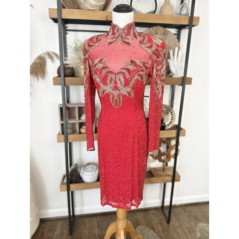 Vintage Oleg Cassini Black Tie Size 4 100% Silk Red Beaded Long Sleeve Dress